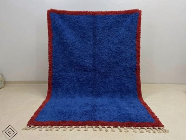 Blue Moroccan Rug, Hand-Knotted Wool, Red Border