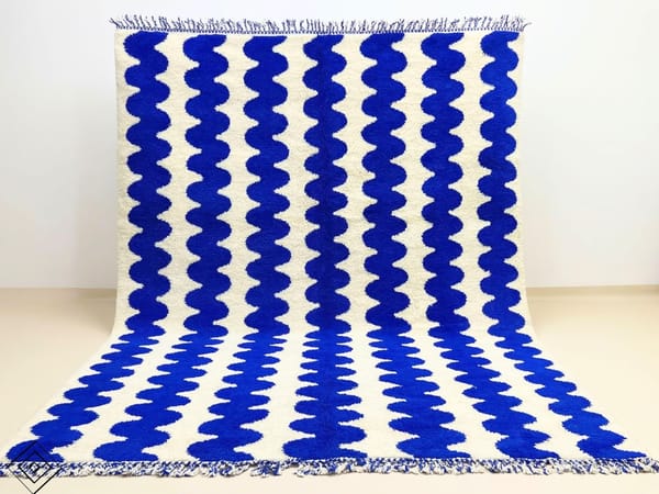 Shag Rug Handmade Blue Cobalt Ivory Berber Wool