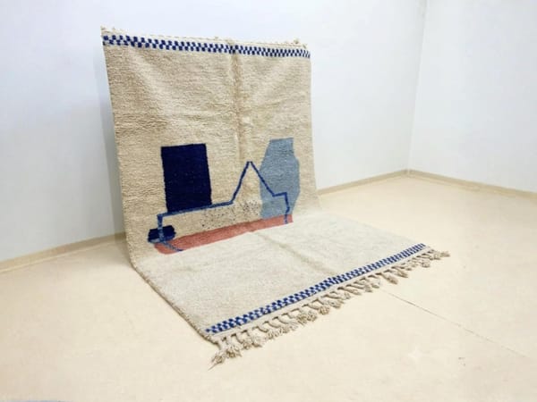 Moroccan Rug, Blue & Cream Handmade Wool Mrirt