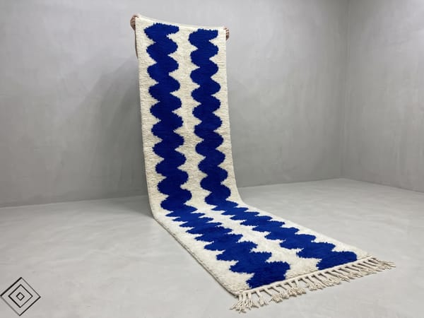 Runner Rug Ivory & Cobalt Blue Moroccan Wool